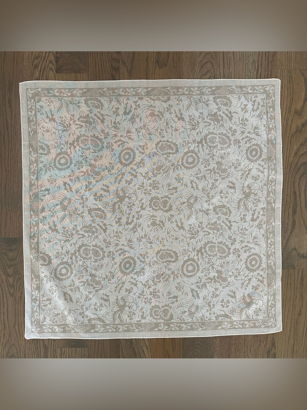 Vintage Cotton Voile Floral and Paisley Print Scarf in White and Tan 26.5" sq - Picture 8 of 8